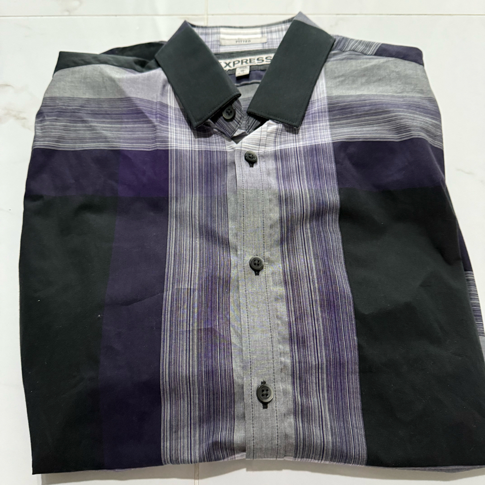 Express Fitted Dress Shirt Purple Striped Medium